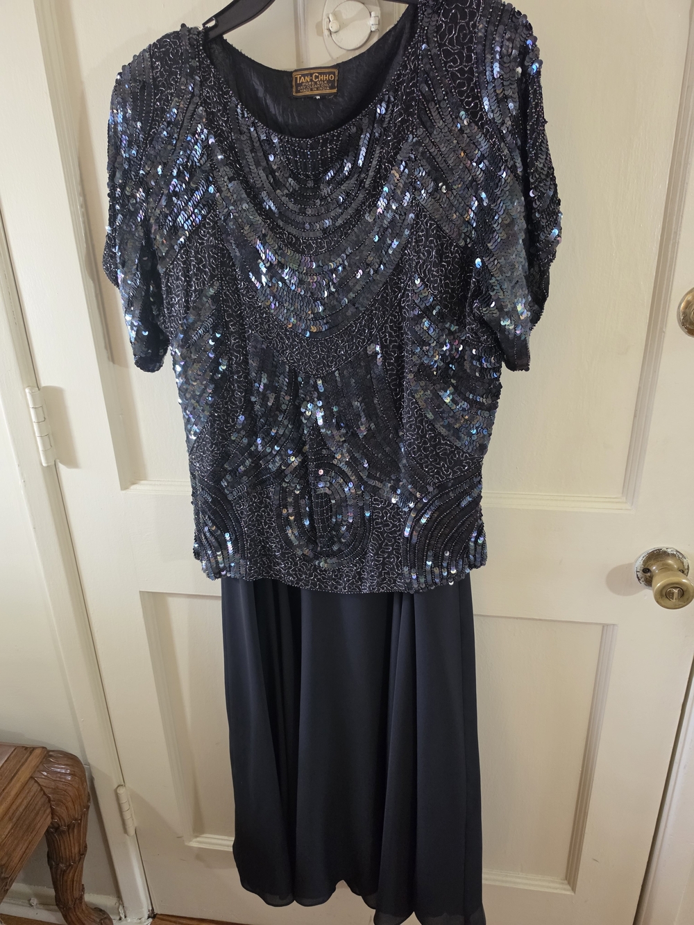 Navy Sequin Midi Dress - Elegant Beaded Evening Dress